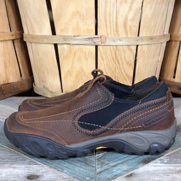 Merrell Opal Bison Brown Leather Vibram Slip-On Hiking Mocs Shoes Womens Size 7 - Picture 2 of 10